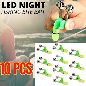 10x LED Night Fishing Bait Bite Alarm Twin 2 Bells Light Rod Tip Clip Alert Ring (Color: Green)